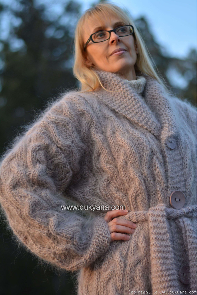 Hand knitted cable mohair cardigan with a shawl collar/CA29